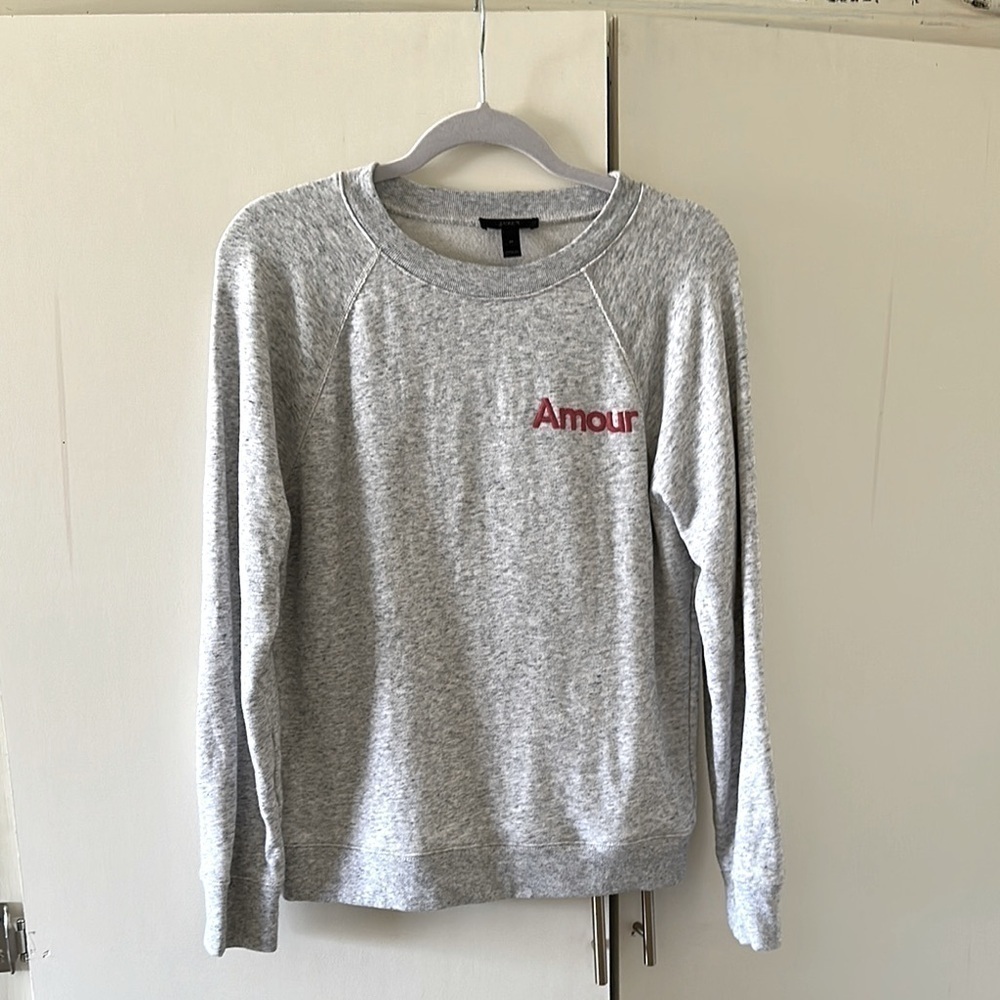 J. Crew Gray Crewneck Sweater with Red "Amour" Embroidery